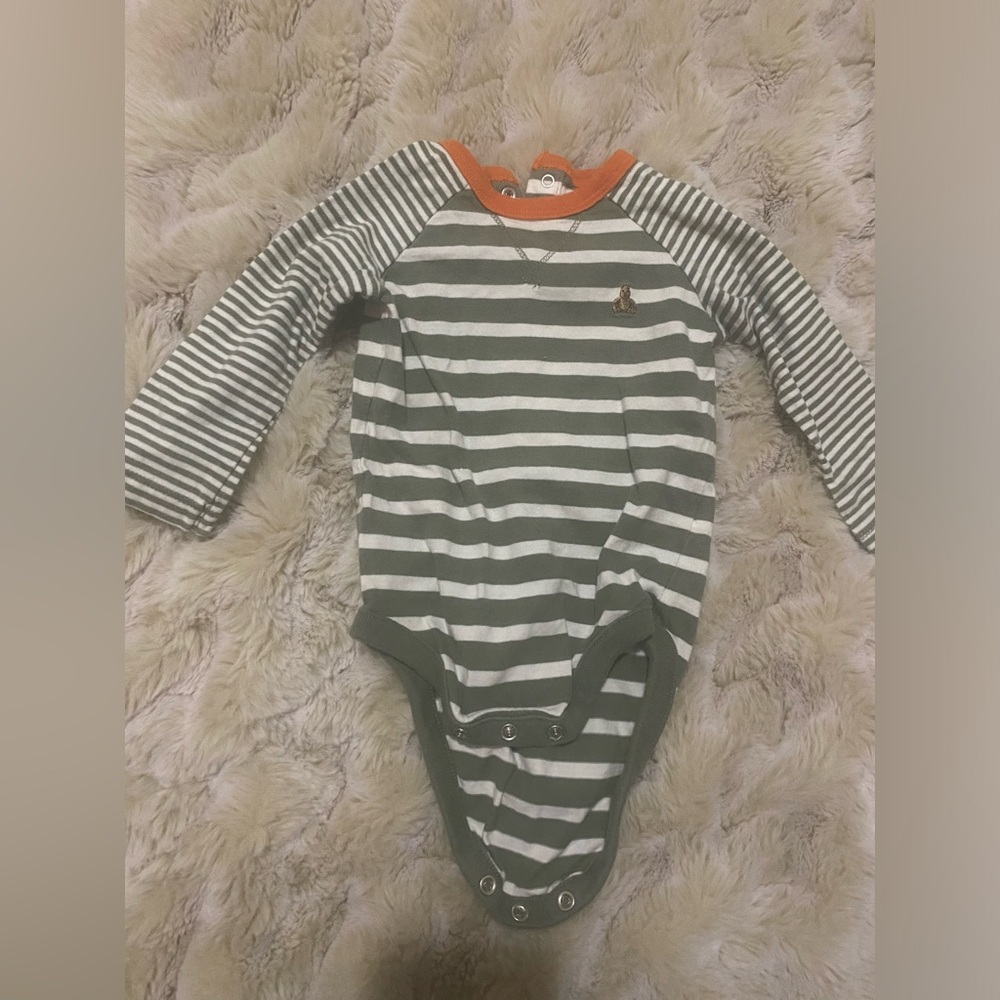 GAP Green and White Striped Bodysuit with Orange Trim
